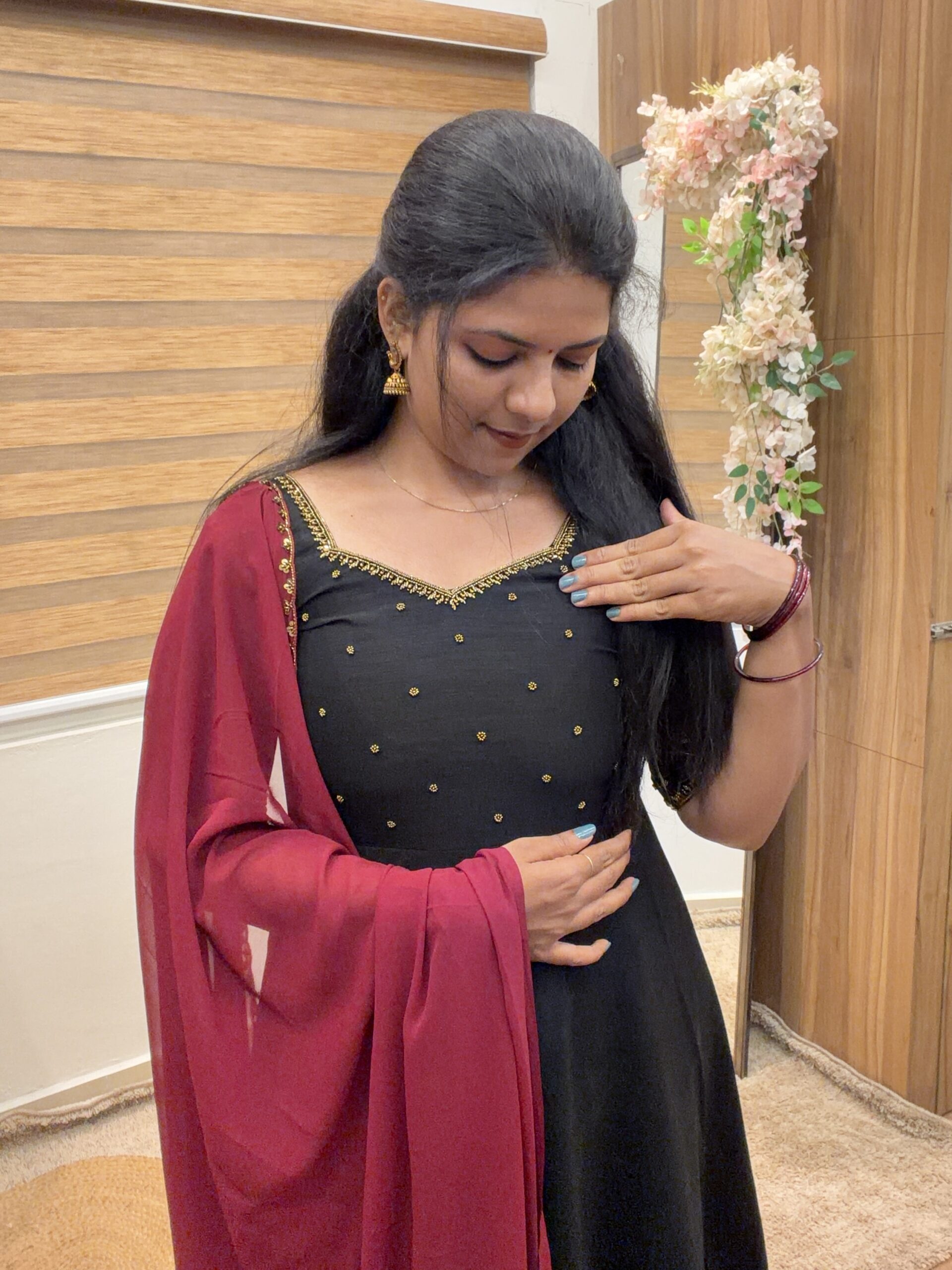 Handworked anarkali with dupatta in black maroonish red combo as party wear casual wear temple wear for special occassion