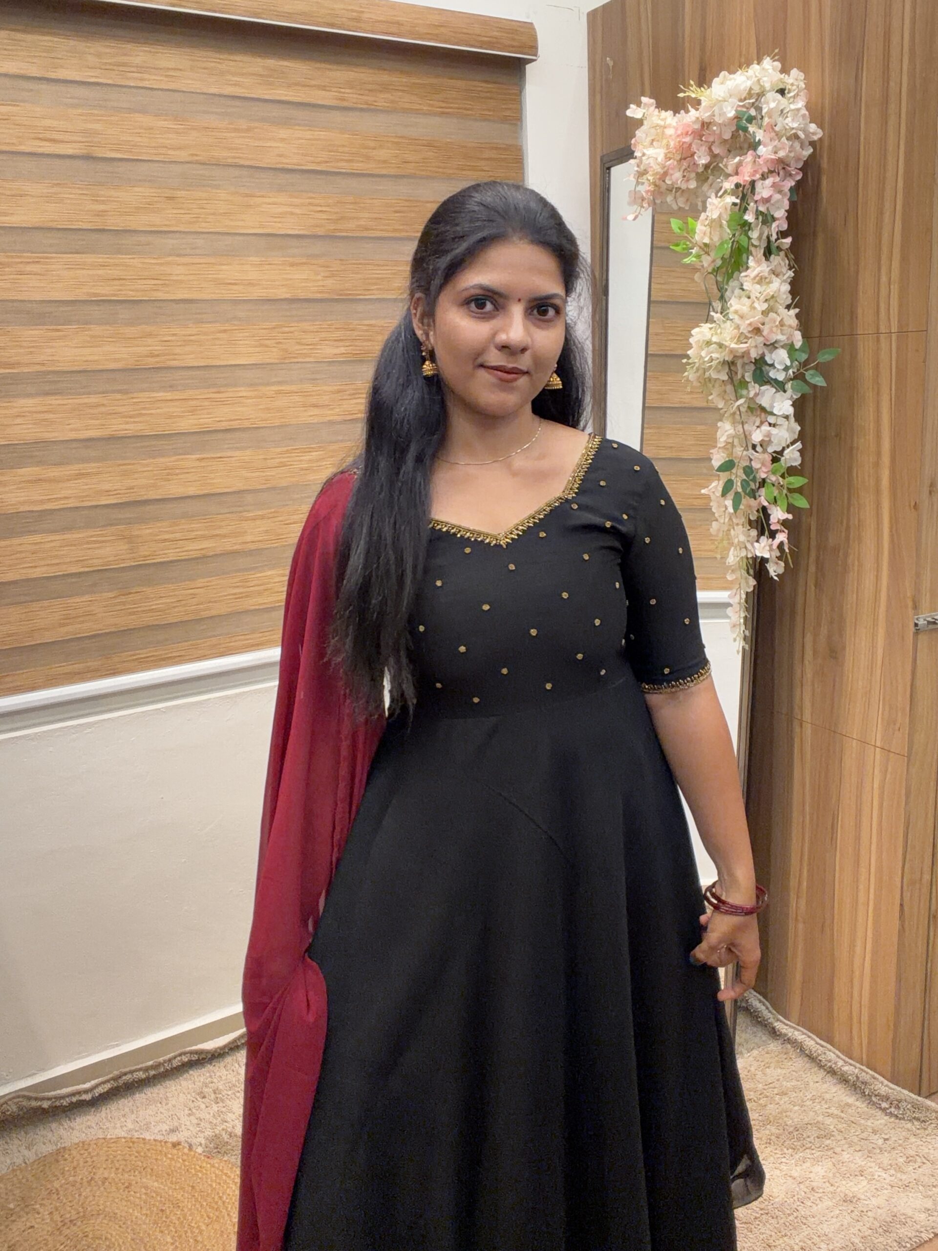 Handworked anarkali with dupatta in black maroonish red combo as party wear casual wear temple wear for special occassion