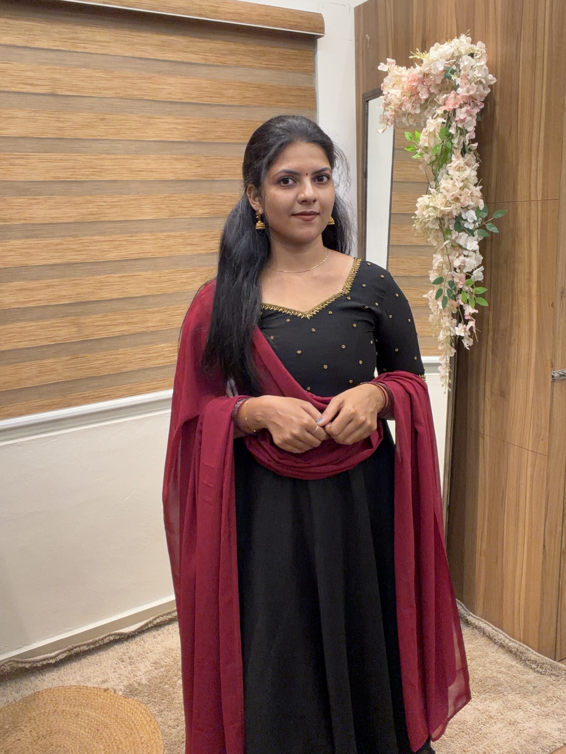 Handworked anarkali with dupatta in black maroonish red combo as party wear casual wear temple wear for special occassion