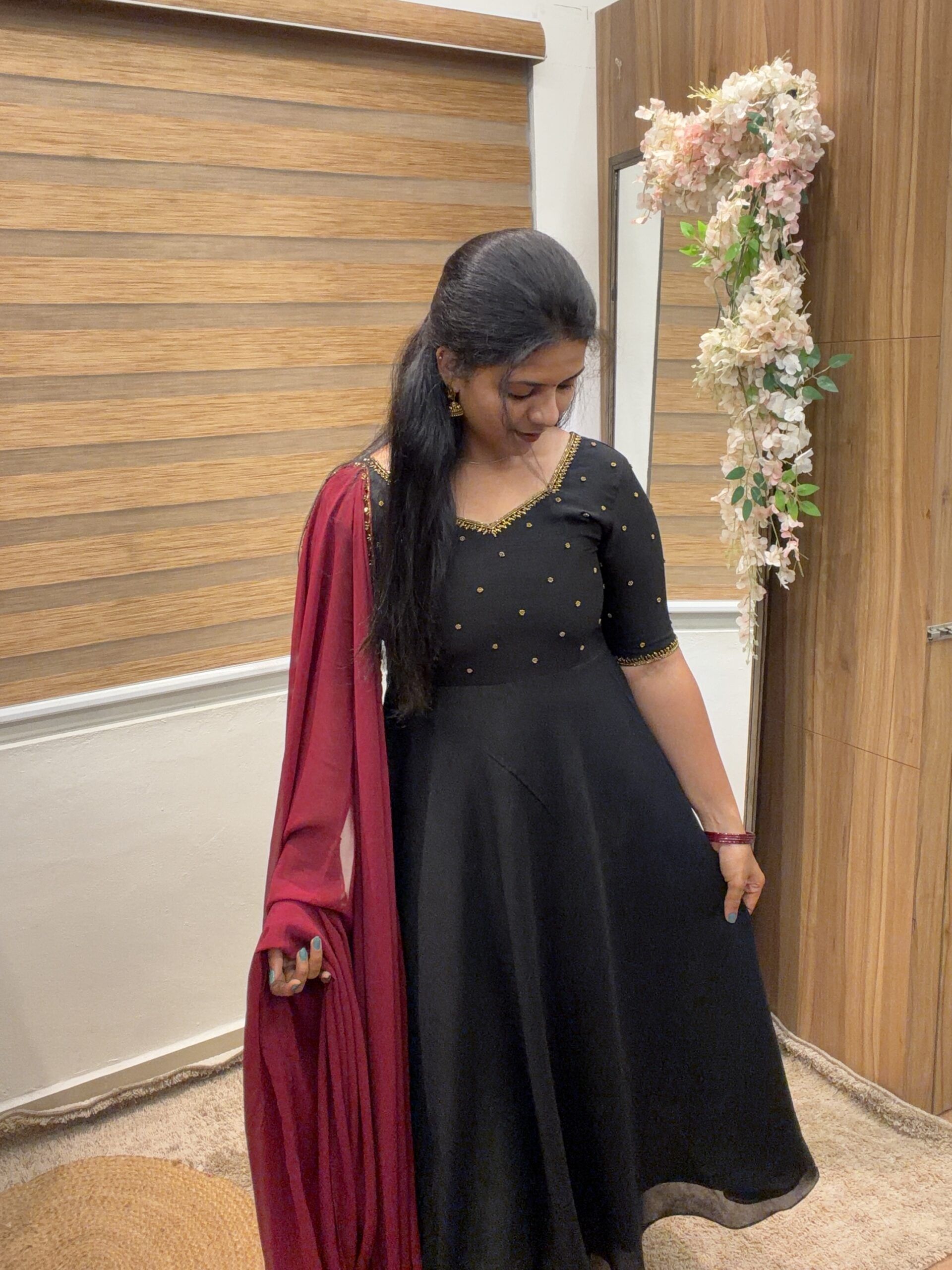 Handworked anarkali with dupatta in black maroonish red combo as party wear casual wear temple wear for special occassion