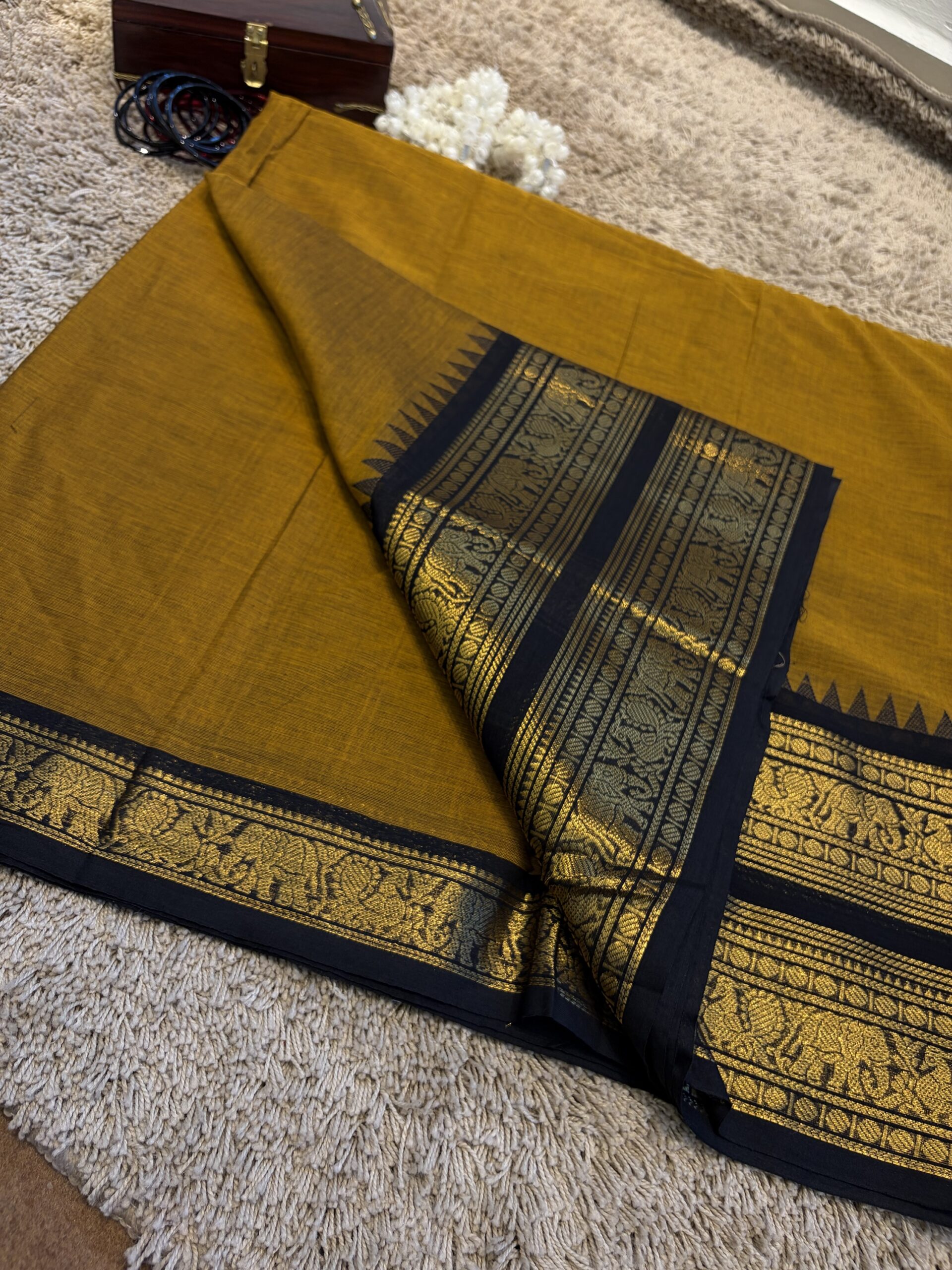 PREMIUM 100 counts KANCHI COTTON SAREE WITH RETAPETA BORDER-MUSTARD YELLOW-BLACK FOR traditional, halfsaree, weddingoutfit, bridalwear , southindian , handwork, engagement outfit, kerala halfsaree