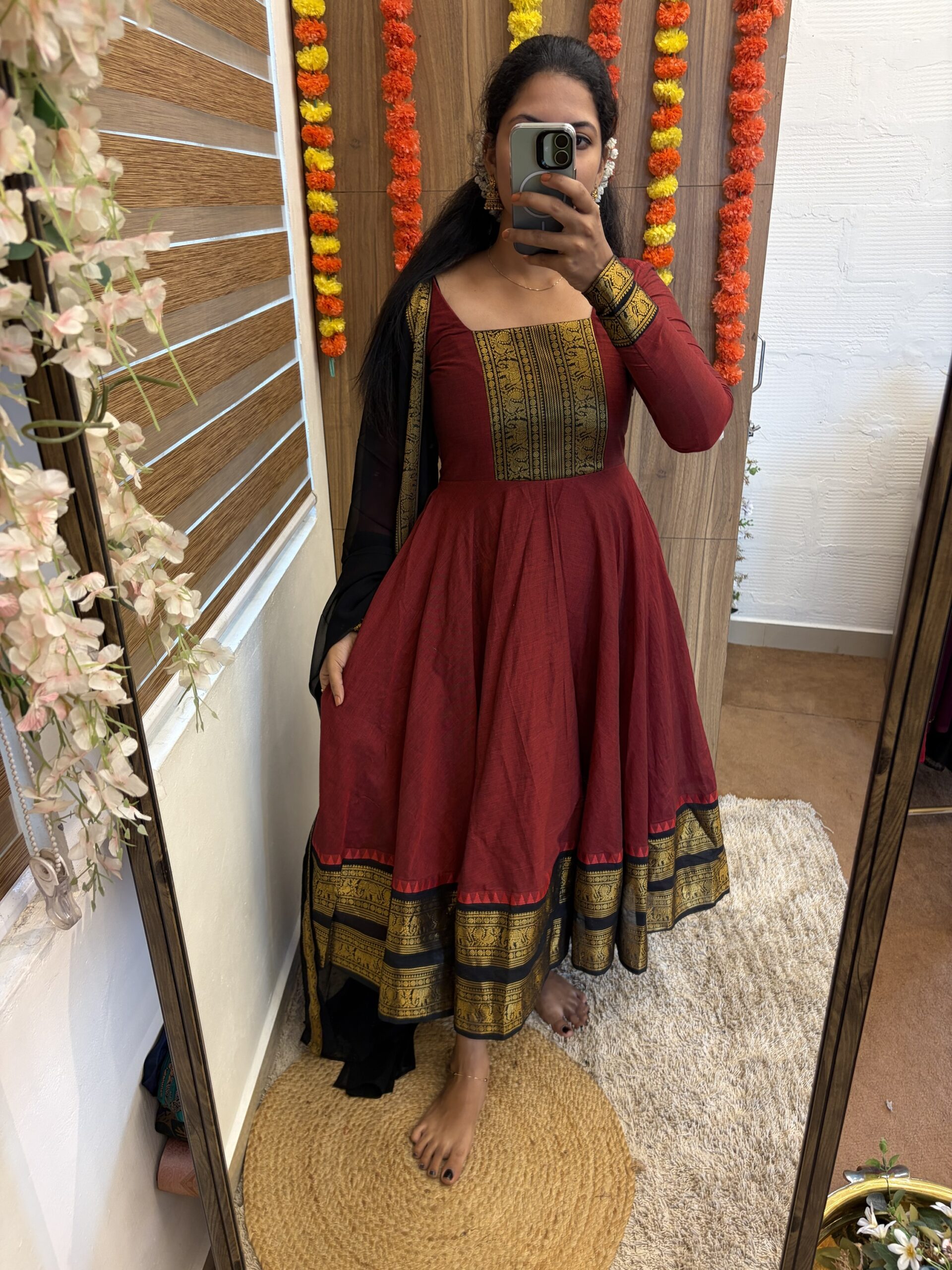 ONAM SPECIAL KANCHI COTTON ANARKALI WITH RETAPETA BORDER IN RED-BLACK COMBO FOR traditional, halfsaree, weddingoutfit, bridalwear , southindian , handwork, engagement outfit, kerala halfsaree