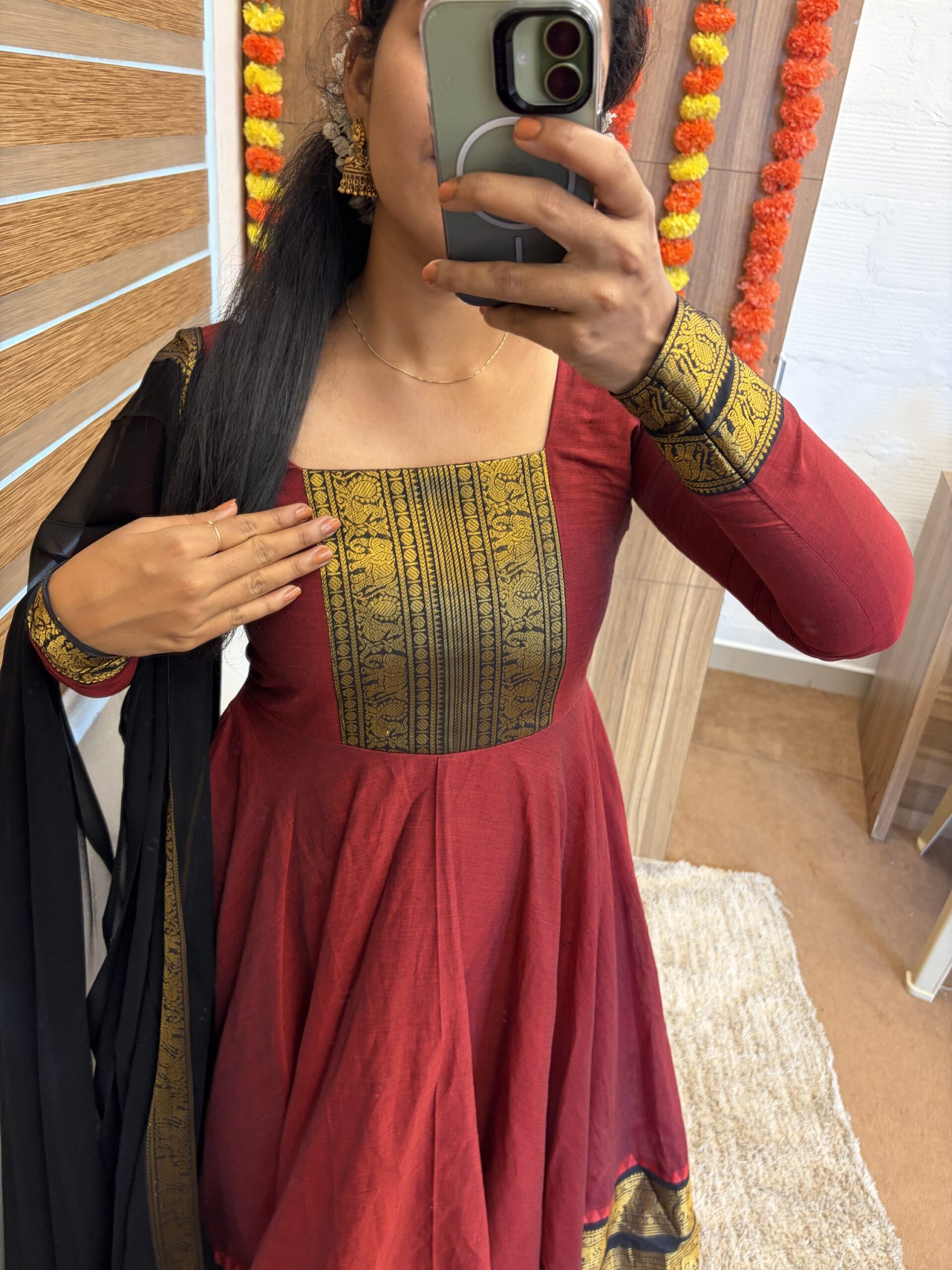 ONAM SPECIAL KANCHI COTTON ANARKALI WITH RETAPETA BORDER IN RED-BLACK COMBO FOR traditional, halfsaree, weddingoutfit, bridalwear , southindian , handwork, engagement outfit, kerala halfsaree
