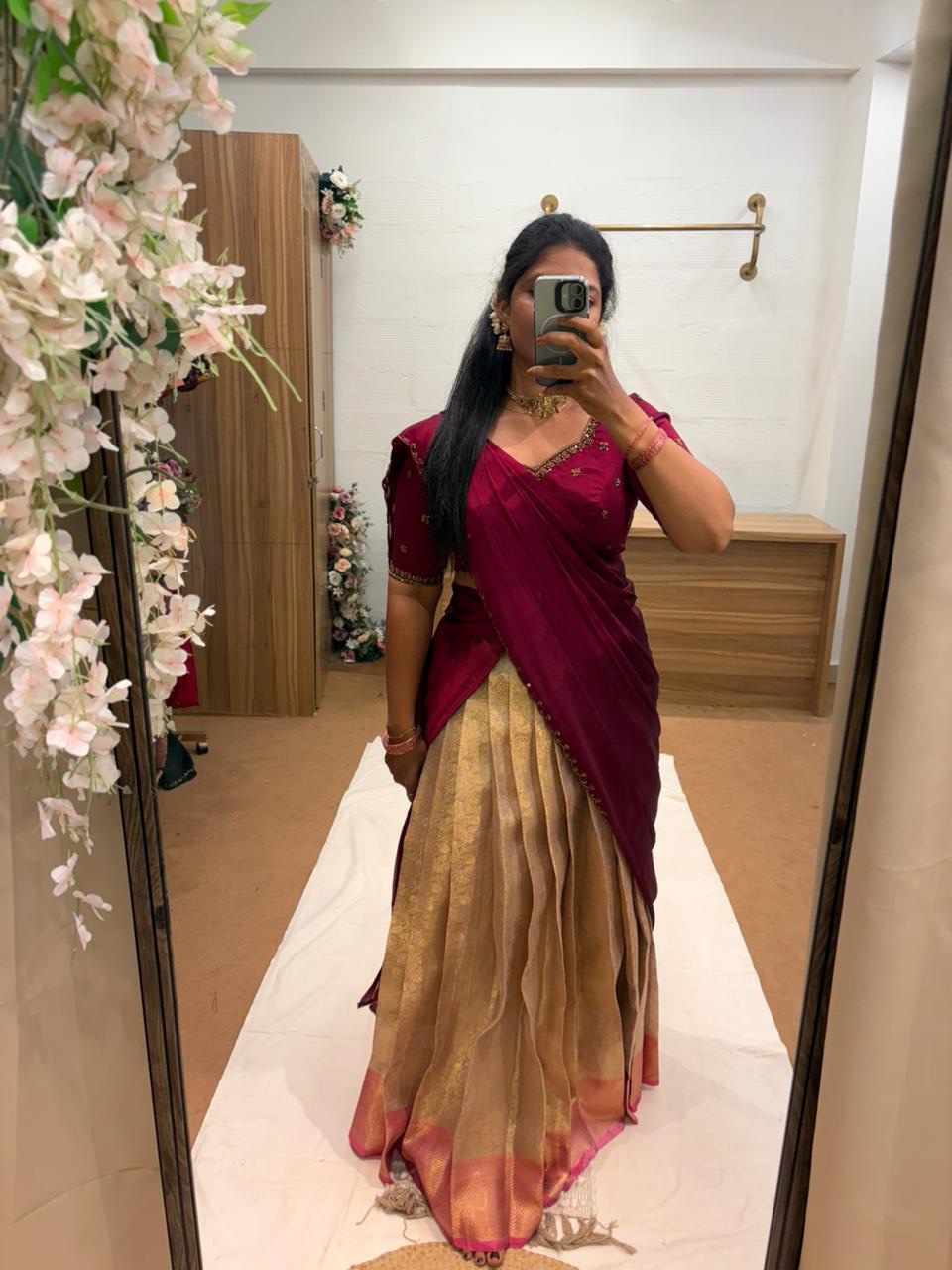 TRADITIONAL BRIDAL HALFSAREE IN PINK GOLDEN COMBO FOR traditional, halfsaree, weddingoutfit, bridalwear , southindian , handwork, engagement outfit, kerala halfsaree