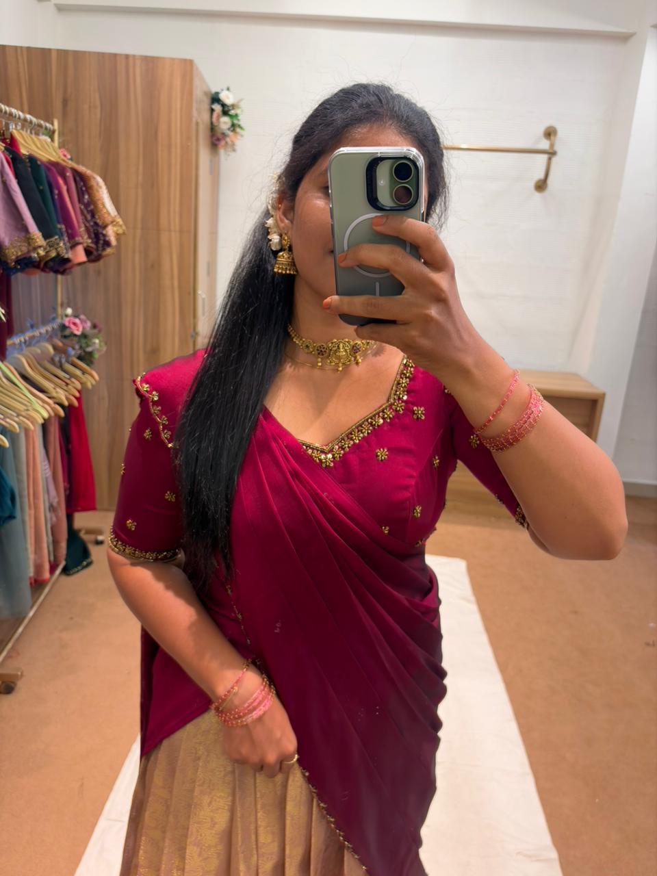 TRADITIONAL BRIDAL HALFSAREE IN PINK GOLDEN COMBO FOR traditional, halfsaree, weddingoutfit, bridalwear , southindian , handwork, engagement outfit, kerala halfsaree