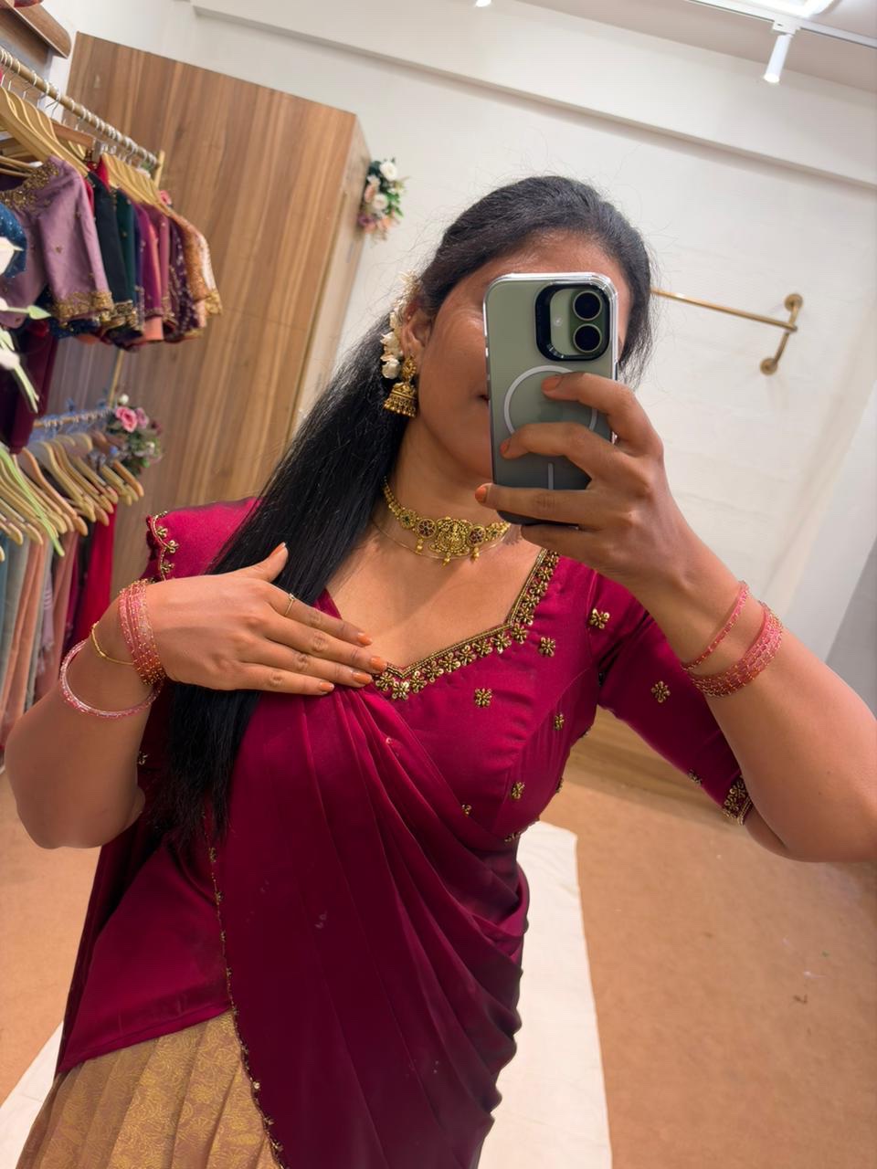 TRADITIONAL BRIDAL HALFSAREE IN PINK GOLDEN COMBO FOR traditional, halfsaree, weddingoutfit, bridalwear , southindian , handwork, engagement outfit, kerala halfsaree