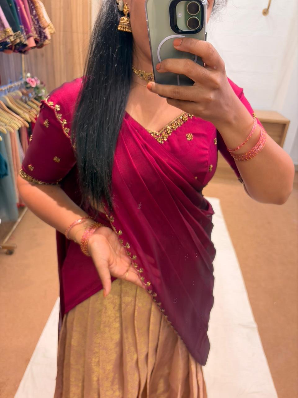 TRADITIONAL BRIDAL HALFSAREE IN PINK GOLDEN COMBO FOR traditional, halfsaree, weddingoutfit, bridalwear , southindian , handwork, engagement outfit, kerala halfsaree