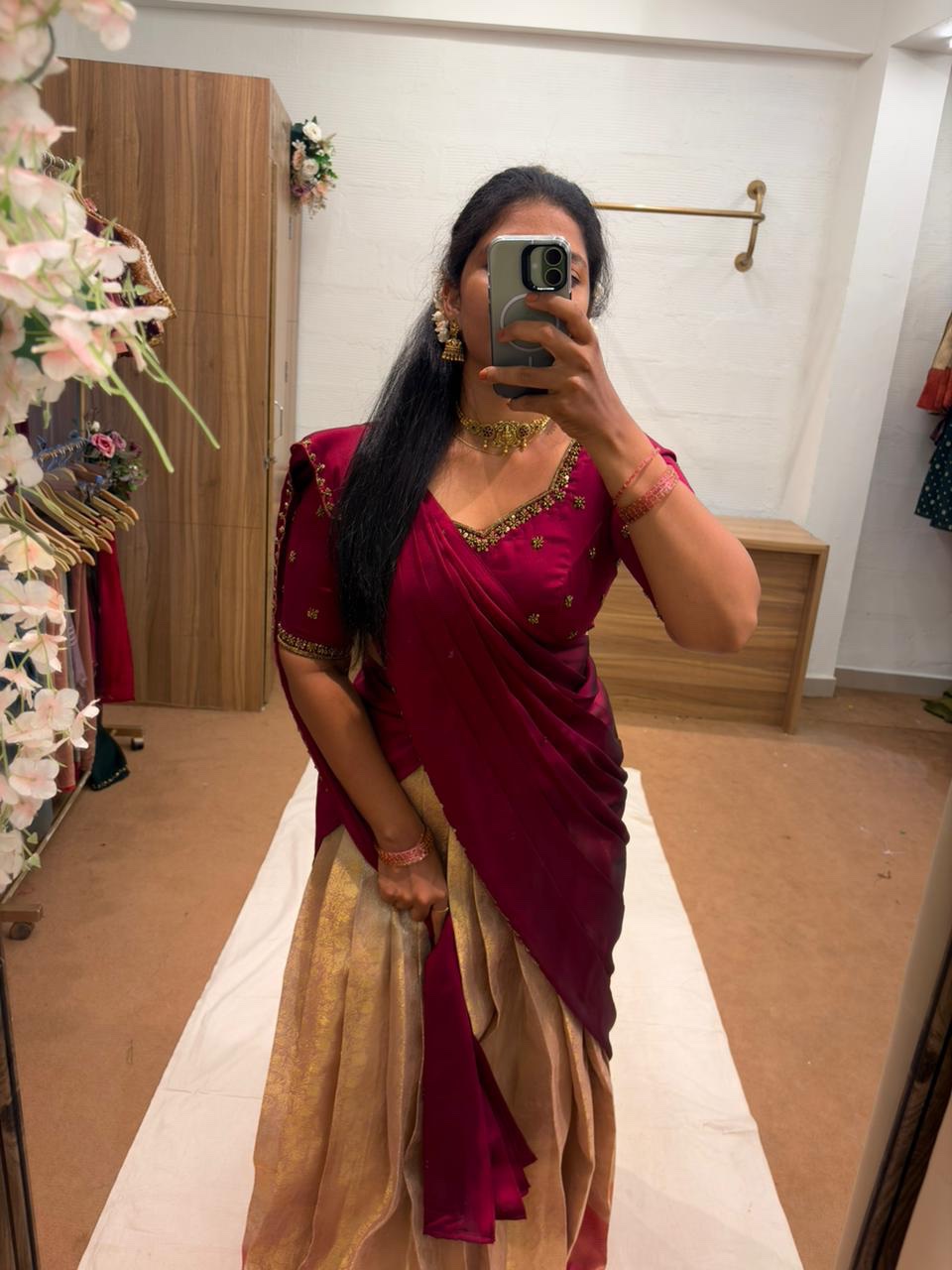 TRADITIONAL BRIDAL HALFSAREE IN PINK GOLDEN COMBO FOR traditional, halfsaree, weddingoutfit, bridalwear , southindian , handwork, engagement outfit, kerala halfsaree