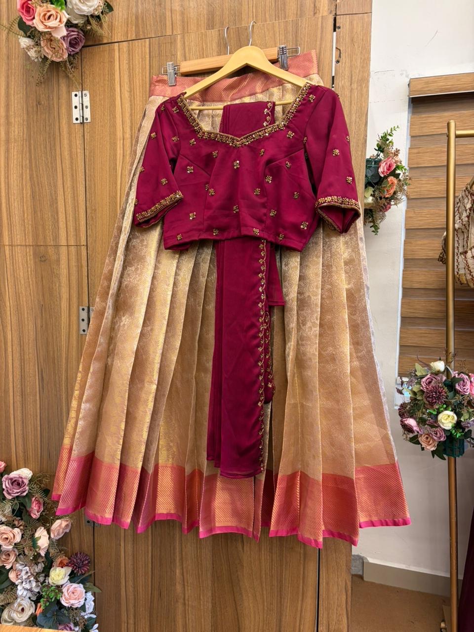 TRADITIONAL BRIDAL HALFSAREE IN PINK GOLDEN COMBO FOR traditional, halfsaree, weddingoutfit, bridalwear , southindian , handwork, engagement outfit, kerala halfsaree