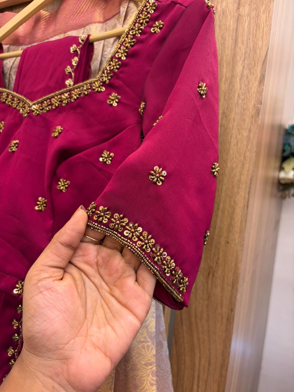 TRADITIONAL BRIDAL HALFSAREE IN PINK GOLDEN COMBO FOR traditional, halfsaree, weddingoutfit, bridalwear , southindian , handwork, engagement outfit, kerala halfsaree