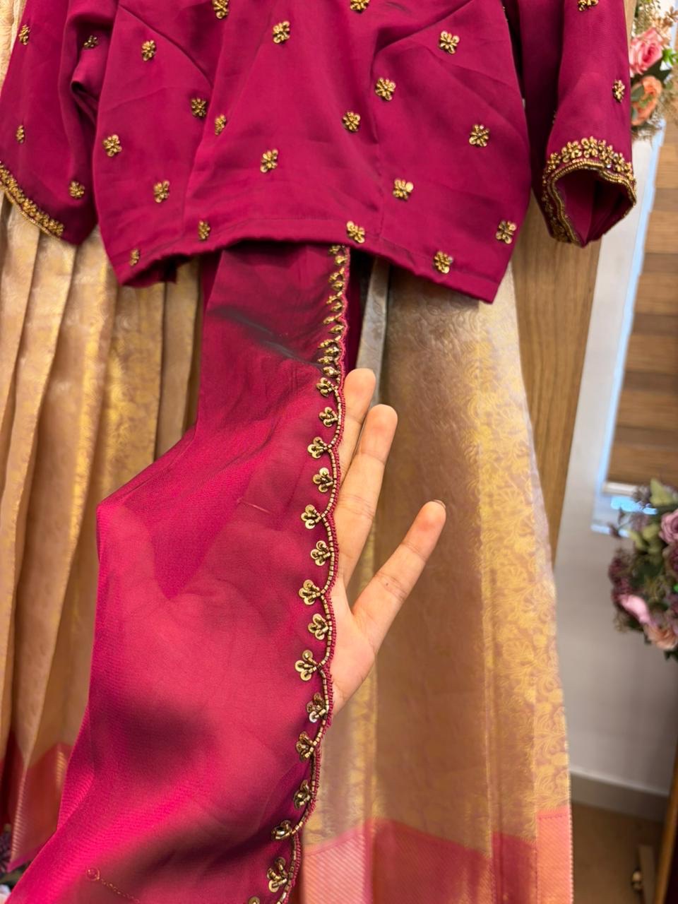 TRADITIONAL BRIDAL HALFSAREE IN PINK GOLDEN COMBO FOR traditional, halfsaree, weddingoutfit, bridalwear , southindian , handwork, engagement outfit, kerala halfsaree