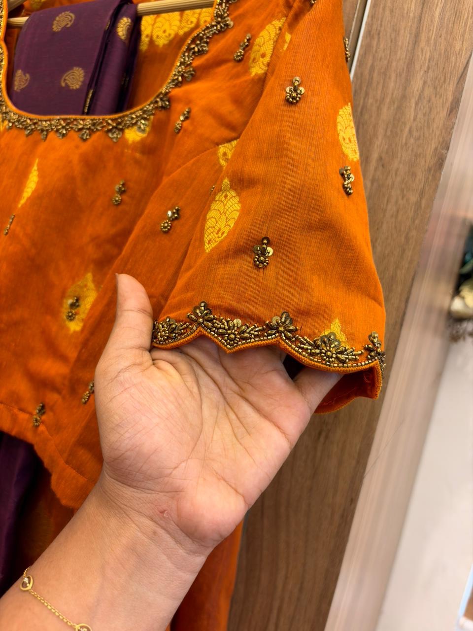 TRADITIONAL HALFSAREE IN RUST ORANGE – PURPLE COMBO FOR traditional, halfsaree, weddingoutfit, bridalwear , southindian , handwork, engagement outfit, kerala halfsaree