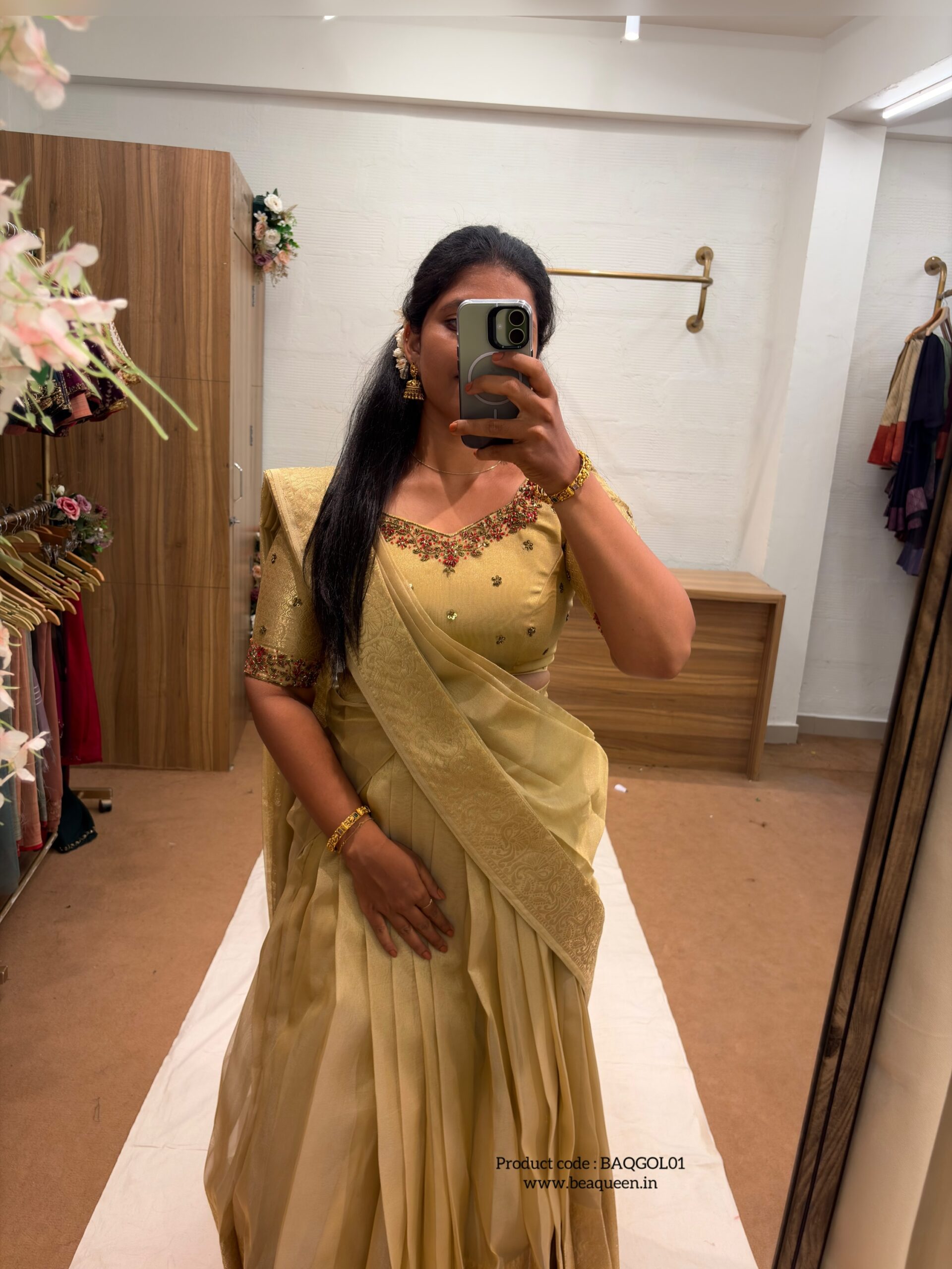 TRADITIONAL GOLDEN HALFSAREE IN ORGANZA FOR traditional, halfsaree, weddingoutfit, bridalwear , southindian , handwork, engagement outfit, kerala halfsaree