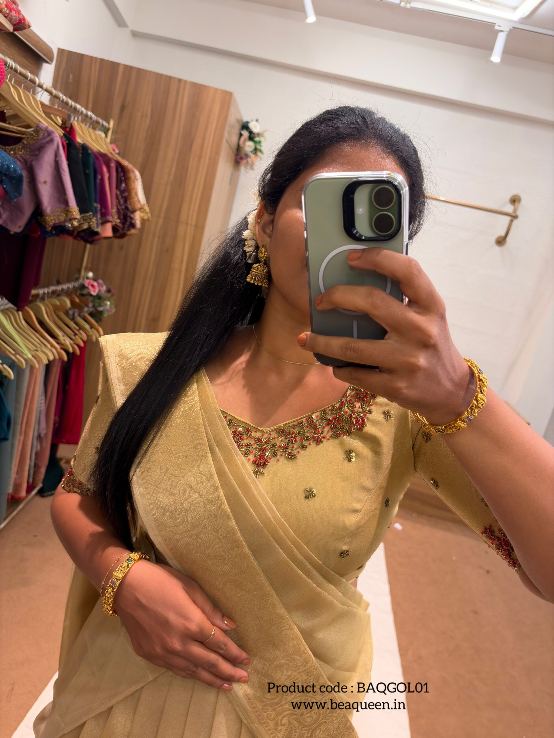 TRADITIONAL GOLDEN HALFSAREE IN ORGANZA FOR traditional, halfsaree, weddingoutfit, bridalwear , southindian , handwork, engagement outfit, kerala halfsaree