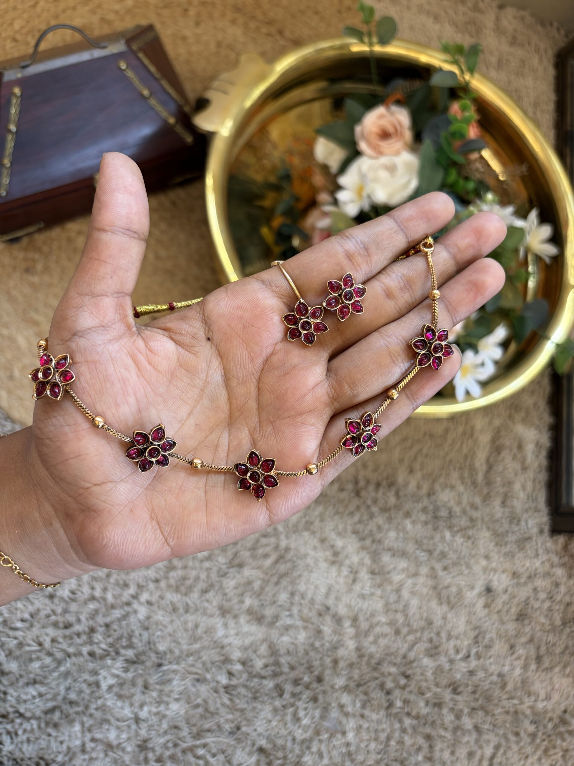FLORAL STONE NECKPIECE WITH EARRINGS SET FOR traditional, halfsaree, weddingoutfit, bridalwear , southindian , handwork, engagement outfit, kerala halfsaree