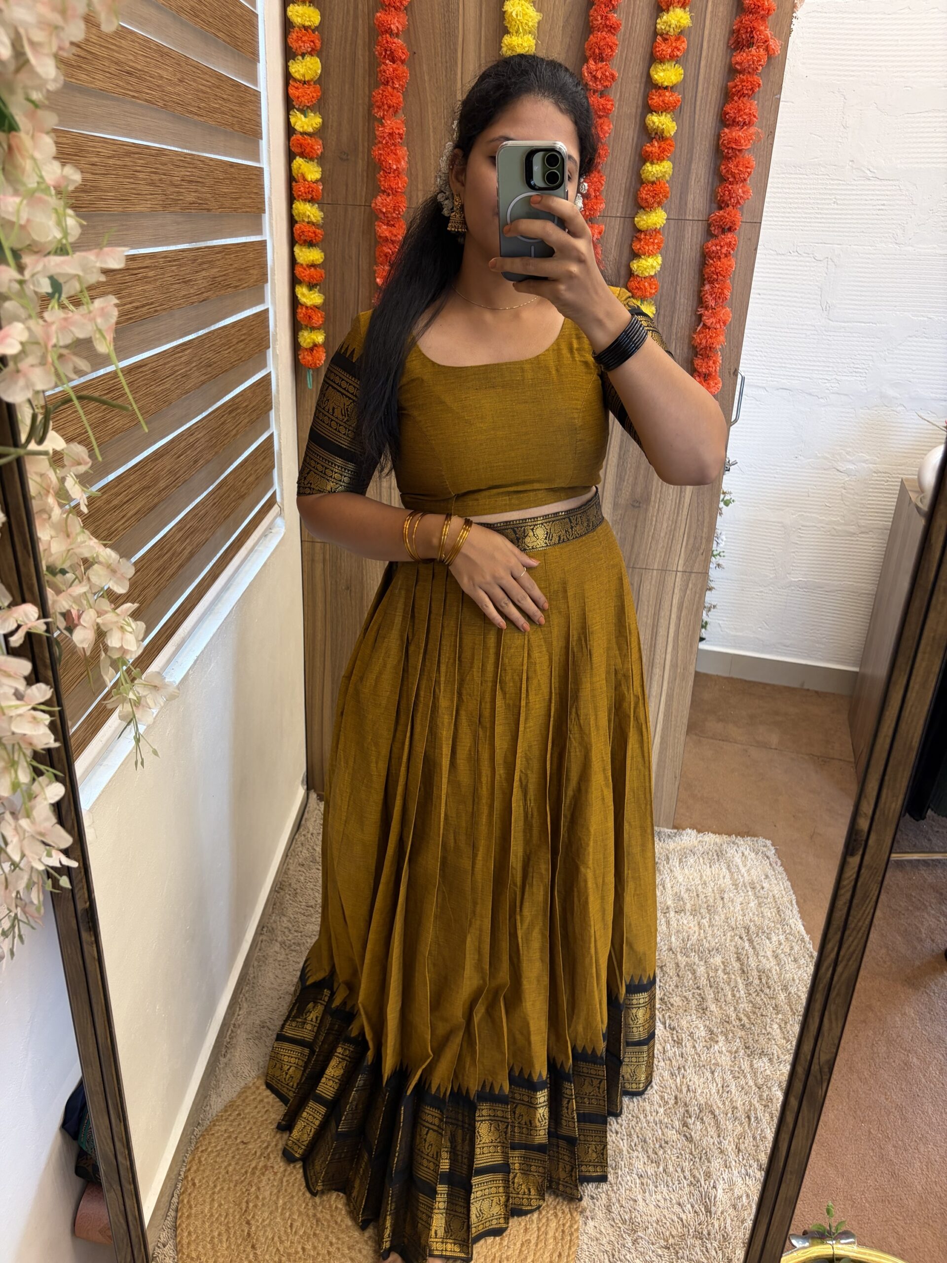 ONAM SPECIAL KANCHI COTTON SKIRT & BLOUSE WITH RETAPETA BORDER IN MUSTARD YELLOW FOR traditional, halfsaree, weddingoutfit, bridalwear , southindian , handwork, engagement outfit, kerala halfsaree