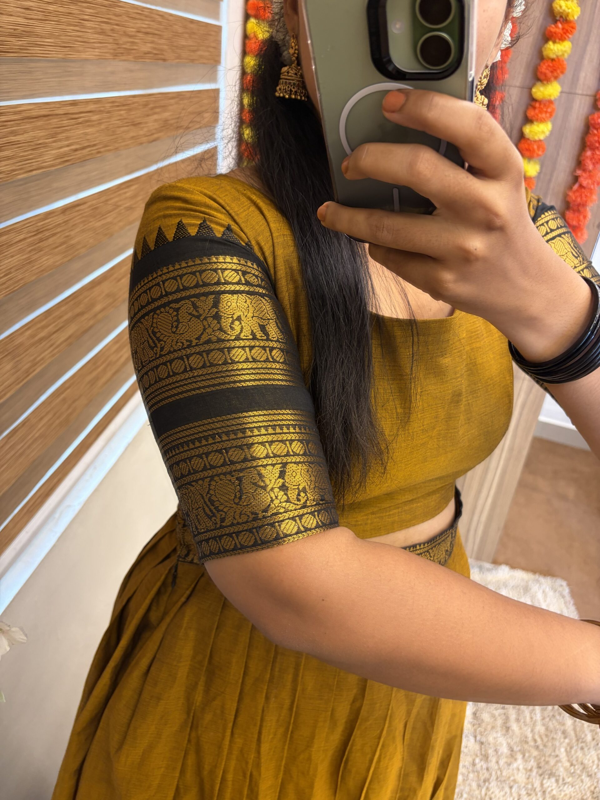 ONAM SPECIAL KANCHI COTTON SKIRT & BLOUSE WITH RETAPETA BORDER IN MUSTARD YELLOW FOR traditional, halfsaree, weddingoutfit, bridalwear , southindian , handwork, engagement outfit, kerala halfsaree